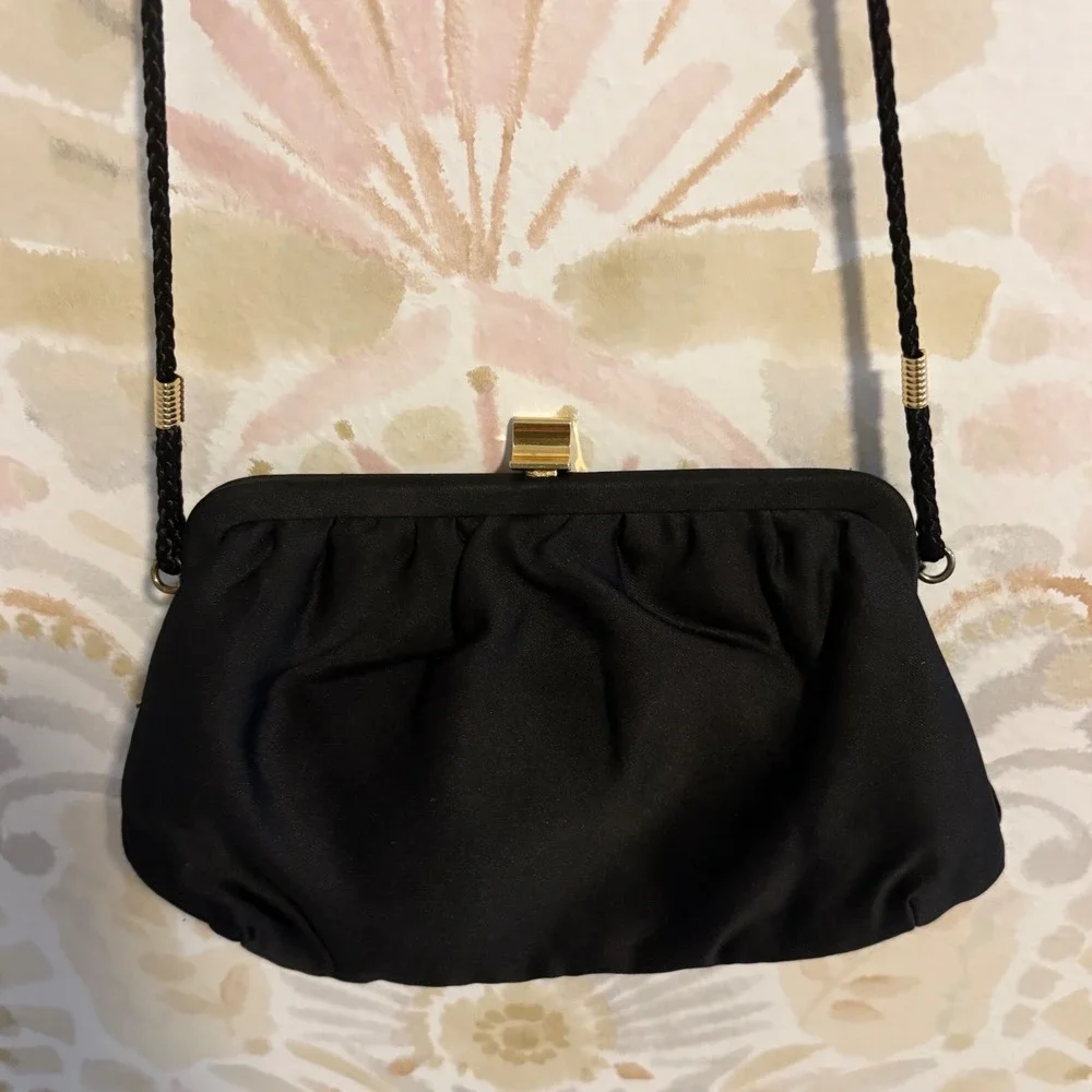 Marshall Field's Vintage Black Satin Pleated Evening Bag Shoulder Clutch Gold